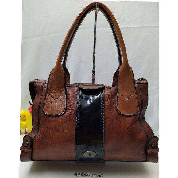 Fossil Maddox Brown Leather Black Stripe Zipper Satchel Shoulder Bag - Picture 2 of 10